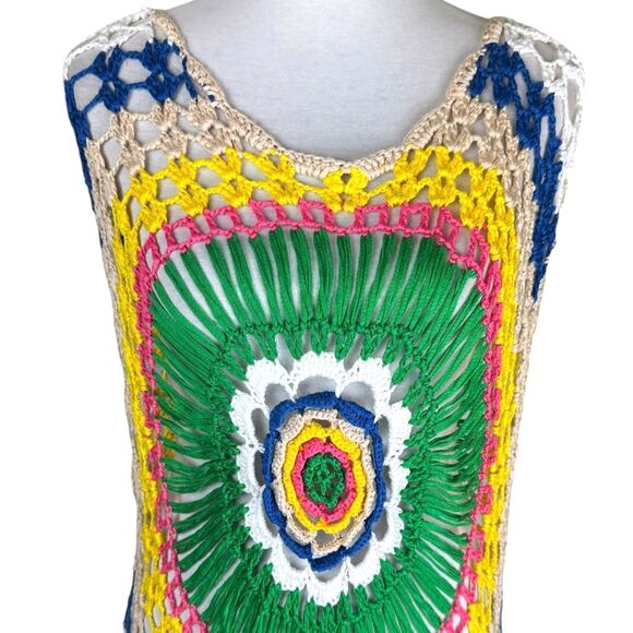U-Style Bright Multicolor Sleeveless Open Crochet Relaxed Coverup Festival Top - Picture 2 of 10